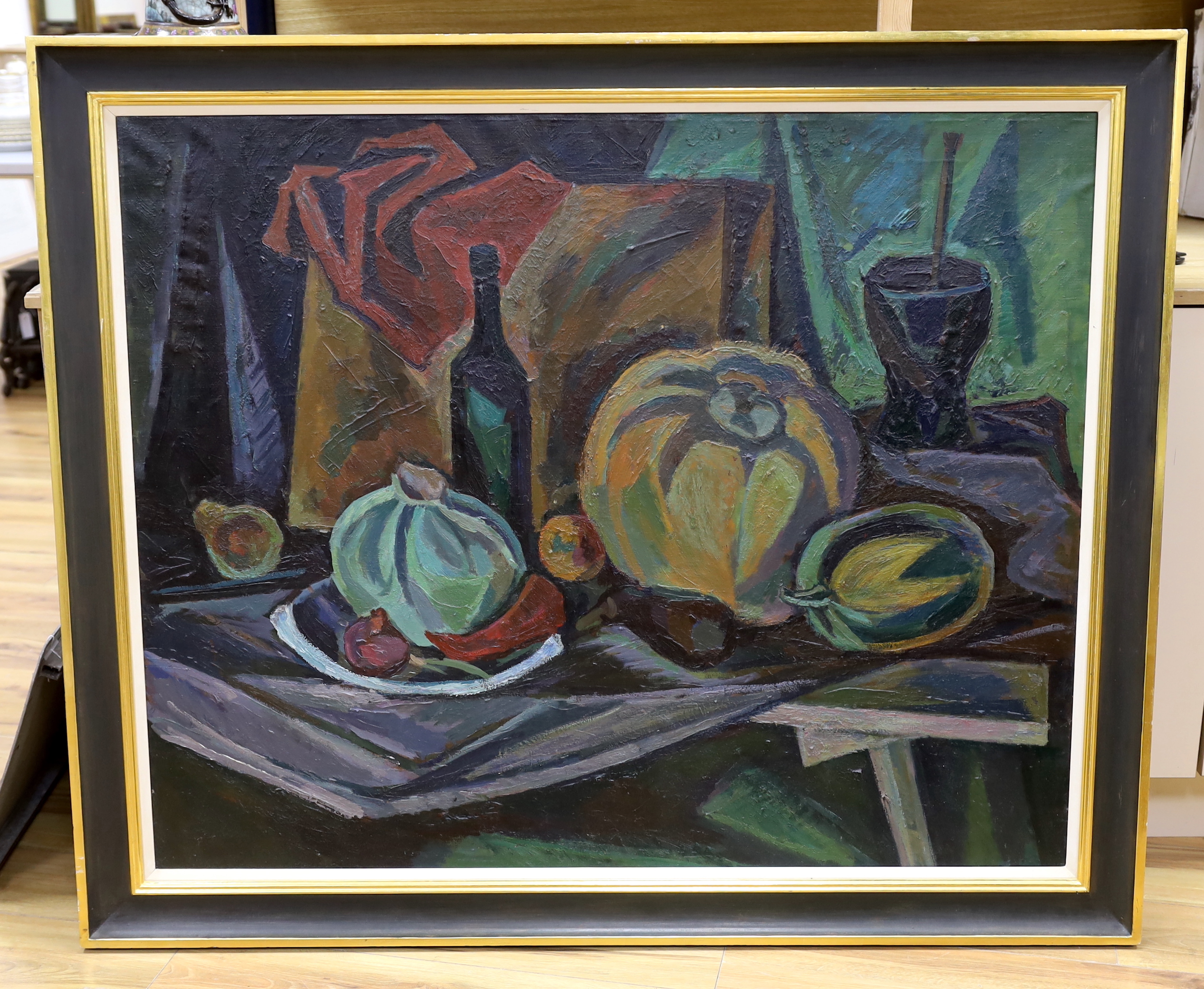 Impasto oil on canvas, Still life of vessels and vegetables, inscribed in cyrillic verso, 96 x 118cm